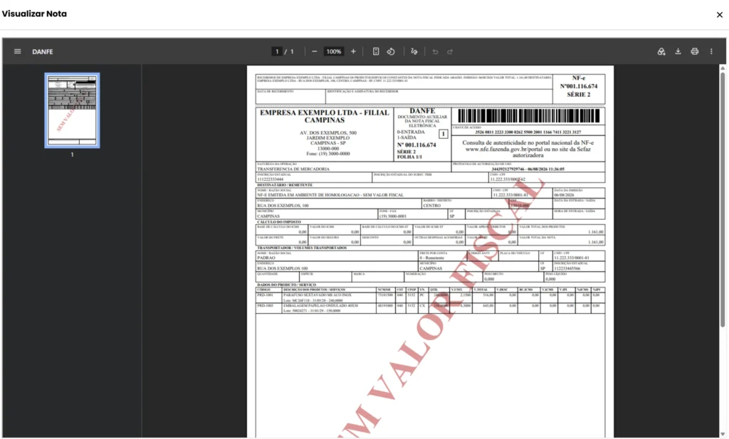 Janela Visualizar Nota do Motor Fiscal com o DANFE de uma NF-e de homologação emitida por uma empresa fictícia, com a marca-d'água SEM VALOR FISCAL, a miniatura da página à esquerda e, no topo, controles de página, zoom, download e impressão.