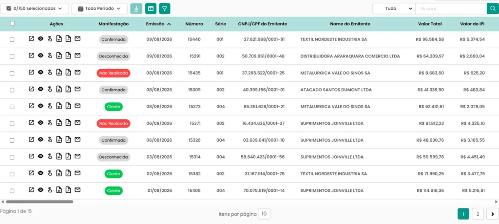 Grade de NF-e Recebidas do Motor Fiscal com os ícones de ação por linha, a coluna Manifestação (Confirmada, Desconhecida, Não Realizada, Ciente) e a emissão, o número, a série, o emitente, o valor total e o IPI de cada nota.