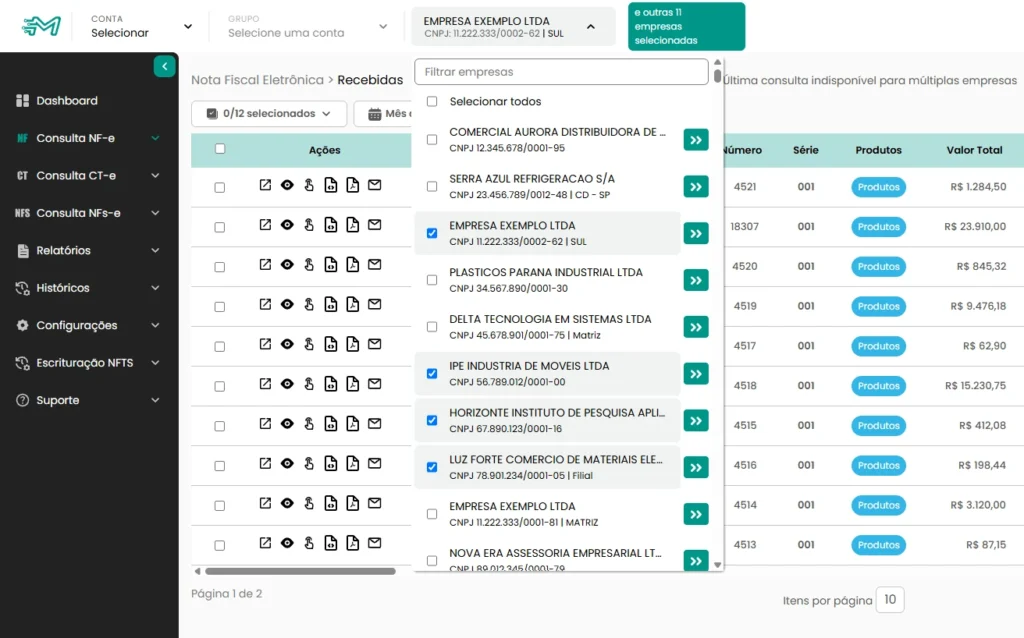 Grade de NF-e Recebidas do Motor Fiscal com o seletor de empresas aberto, várias empresas fictícias marcadas e as notas de todas reunidas na mesma grade.